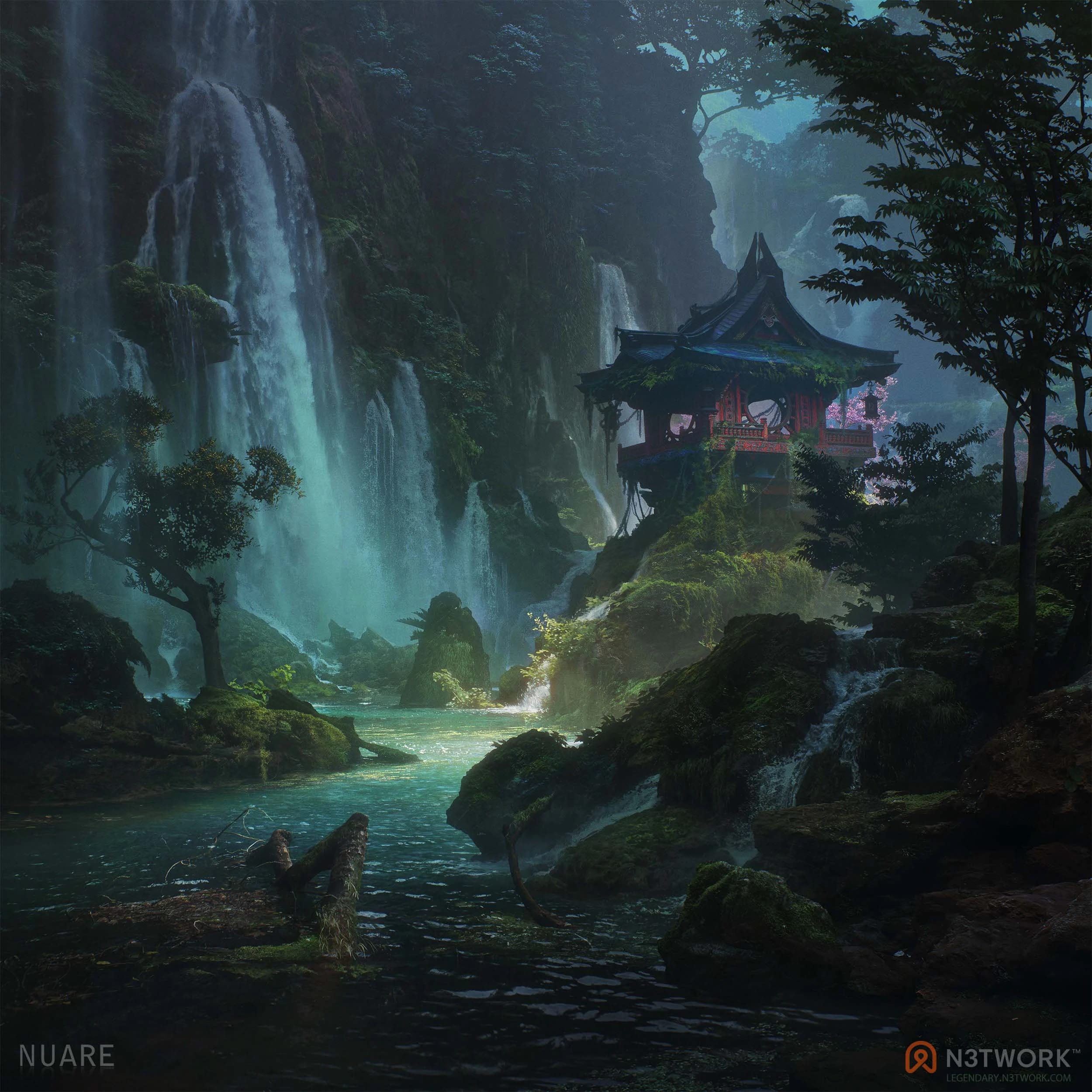 Waterfall sanctuary environment artwork by NUARE